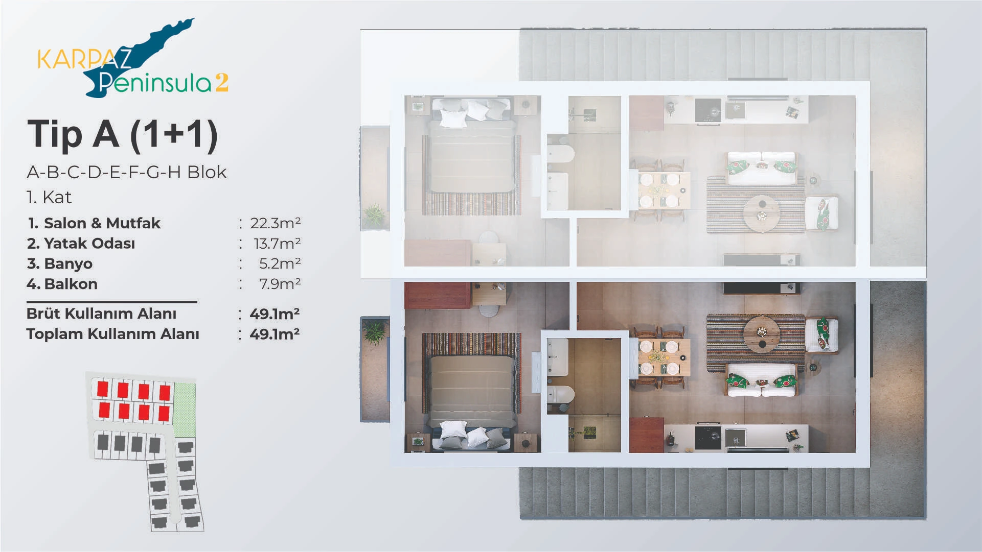 1+1 Tip A – A-H Blok 1. Kat - frontend.project_detail.floor_plan