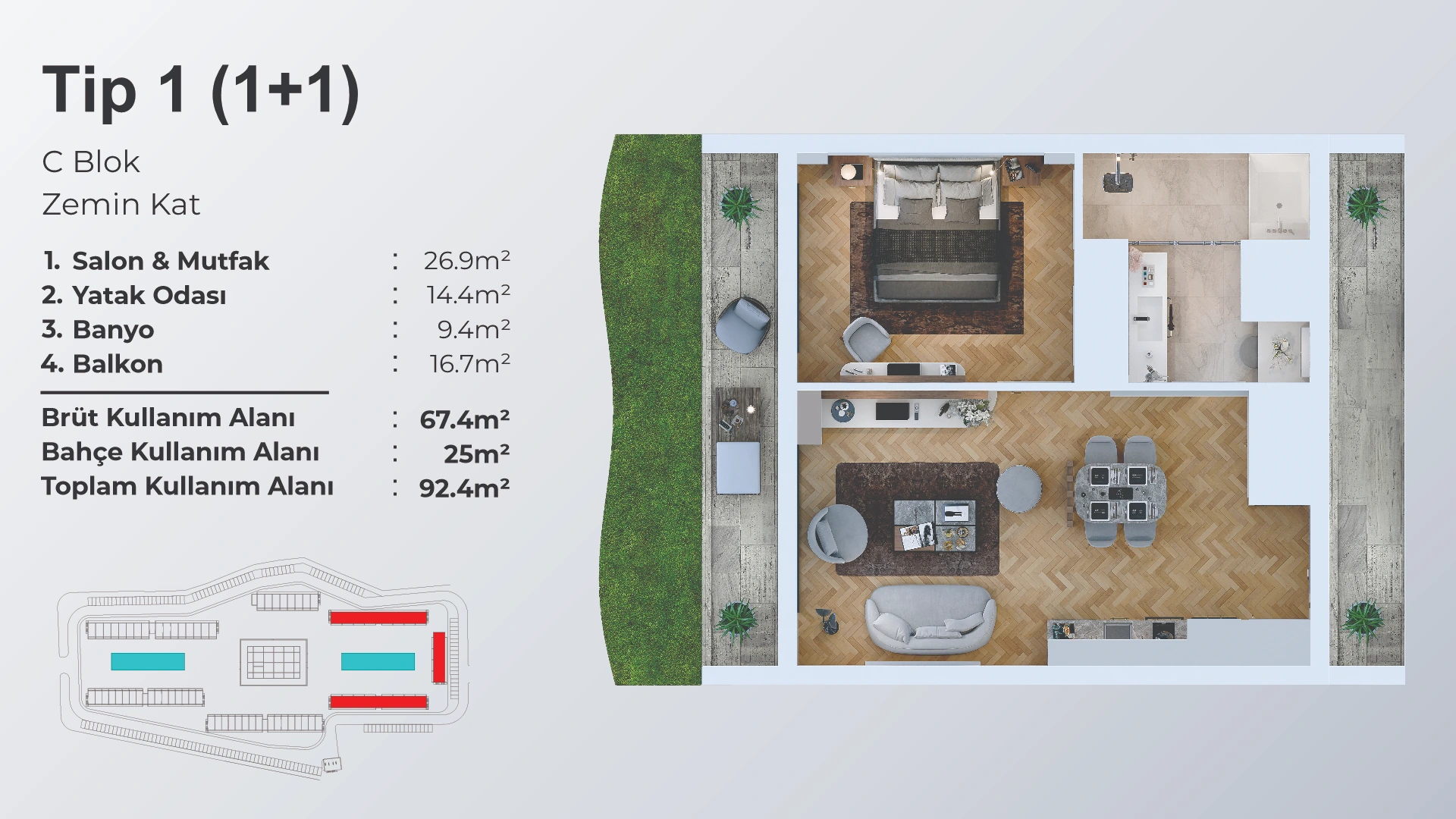 1+1 Tip 1 – C Blok Zemin - frontend.project_detail.floor_plan